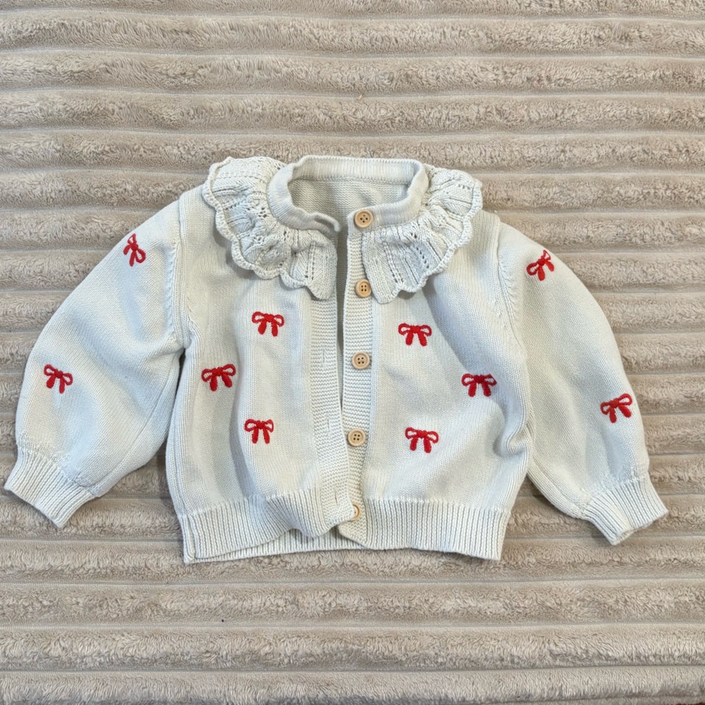100% cotton Baby girl coquette cardigan White Cardigan with Red Bow Accents